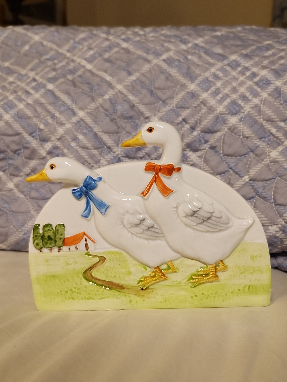Ceramic Otagiri Duck Napkin/Letter Holder with Blue and Orange Bows